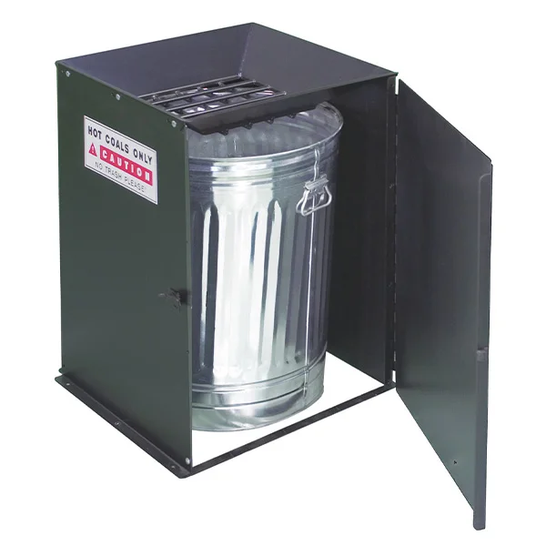 KPHCB-web1 Metal trash can in a black metal enclosure.