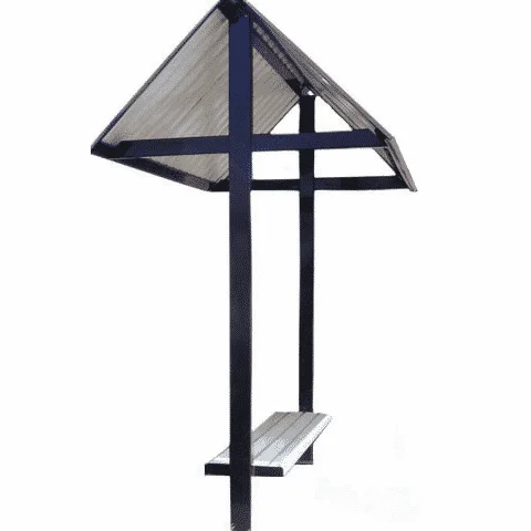 Bus stop shelter with roof and bench.