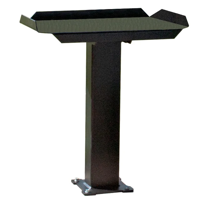 Black metal lectern stand on white background.