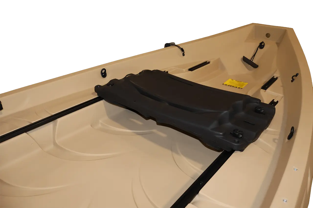 Boat seat with black cover and yellow sticker.