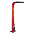 Red metal tool holder with black handle and blue keys hanging from it.