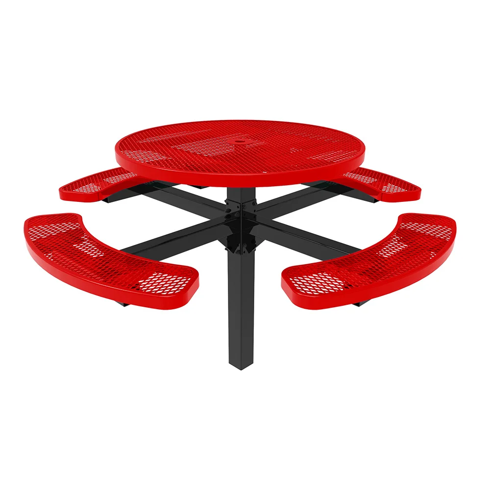 Red round picnic table with perforated seats and black legs.
