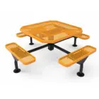Orange and black metal picnic table with mesh seating.