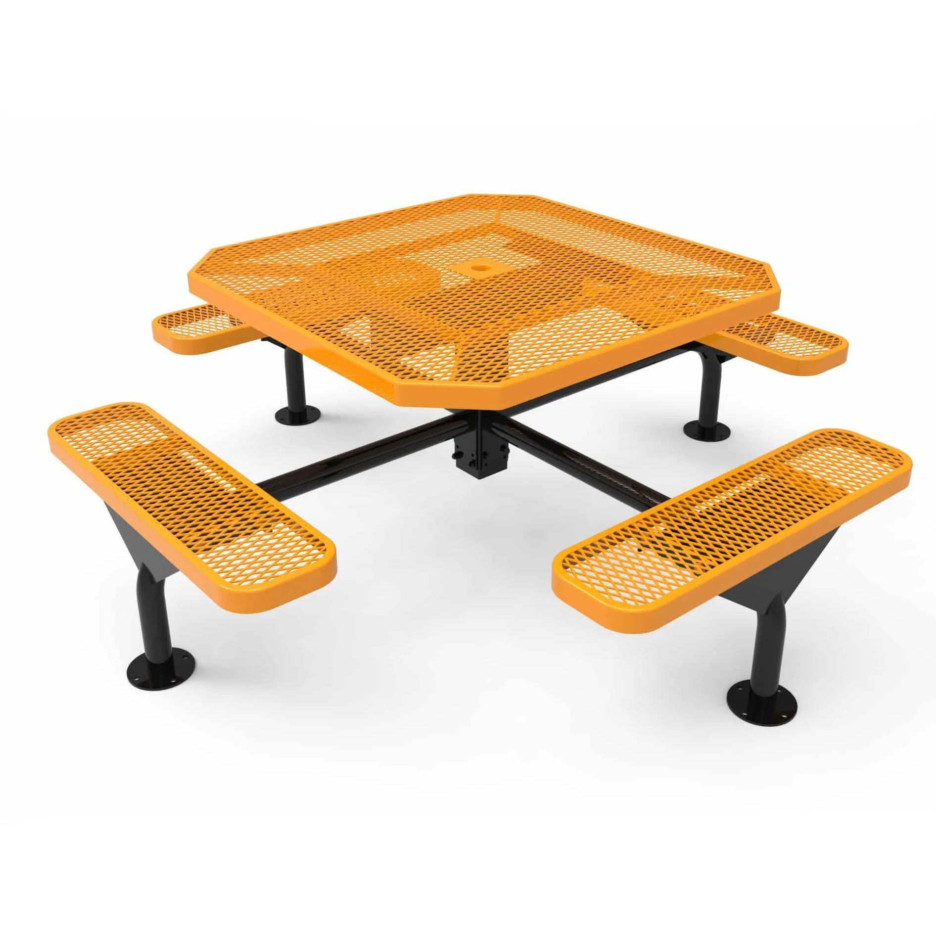 MC46OSL Orange and black metal picnic table with mesh seating.