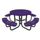 Purple round picnic table with black metal frame and curved bench seats.