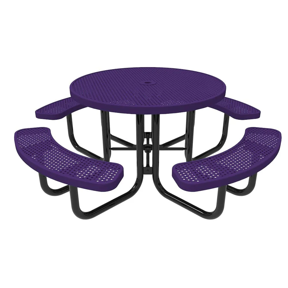 MC46PSRTP-WEB-purple Purple round picnic table with black metal frame and curved bench seats.