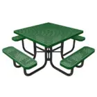 Green picnic table with perforated seats and black legs.
