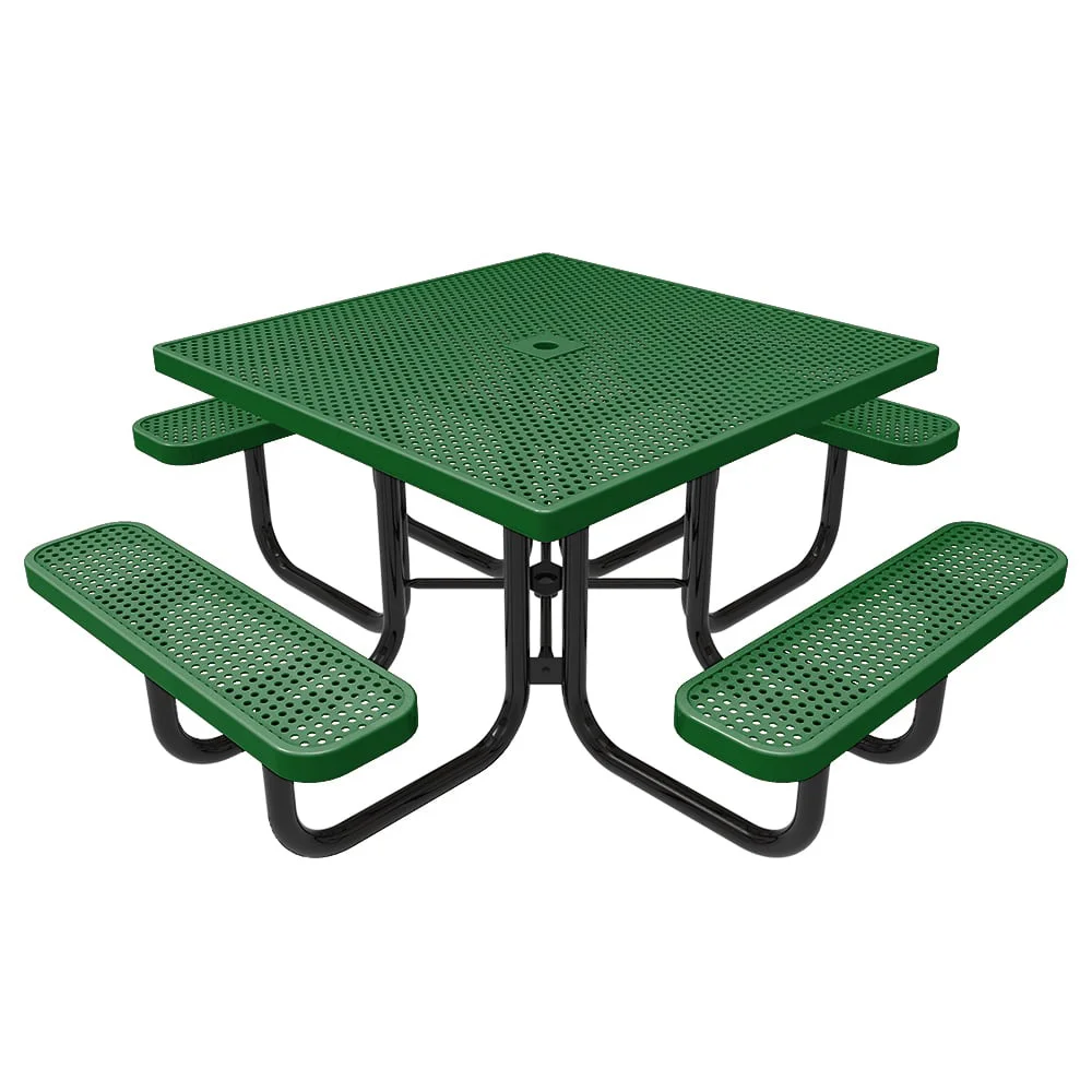 MC46PSTP-WEB-green Green picnic table with perforated seats and black legs.