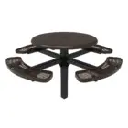 Round picnic table with perforated seats and a black base.