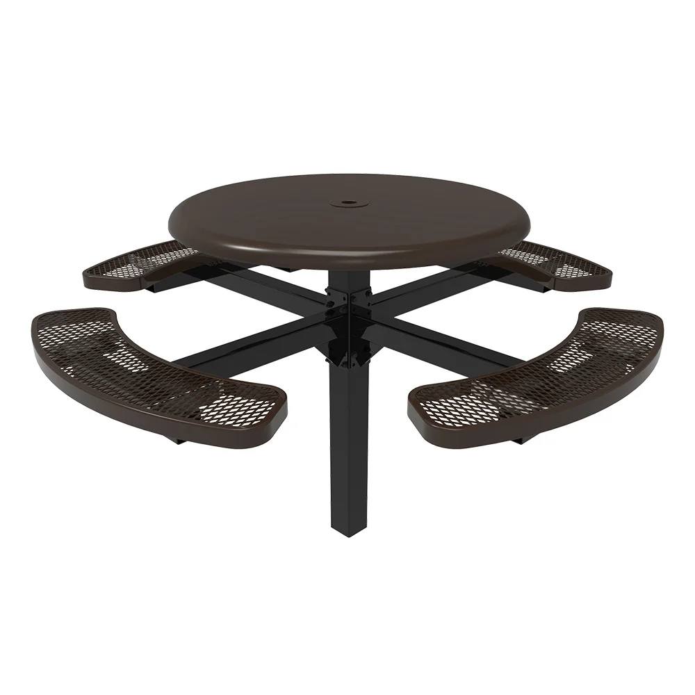 MC46STESRSPT-web Round picnic table with perforated seats and a black base.