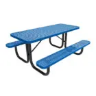 Blue picnic table with perforated surface and black metal frame.