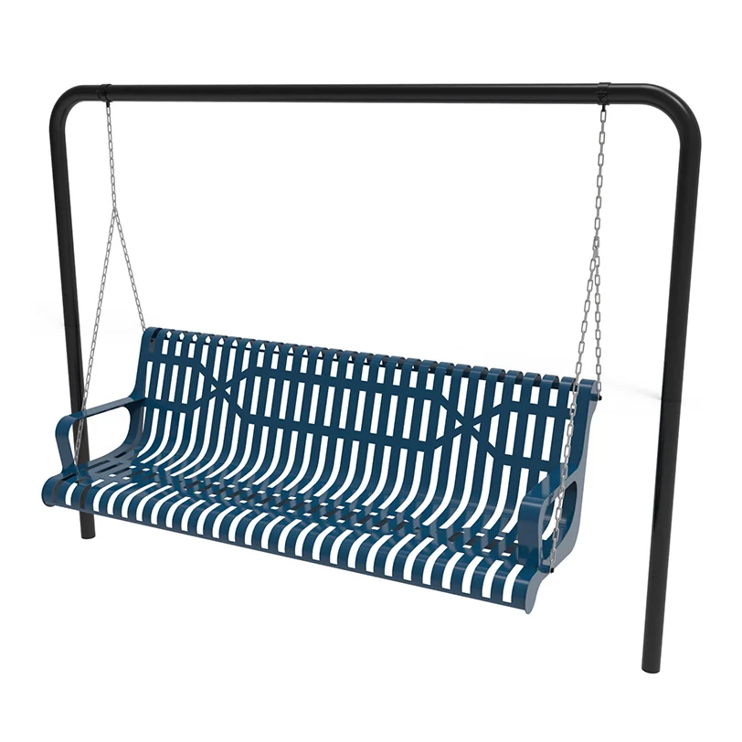 Blue metal swing bench with black frame and chain suspension.