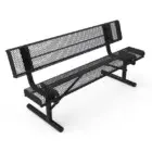 Black metal mesh bench with curved armrests and legs.