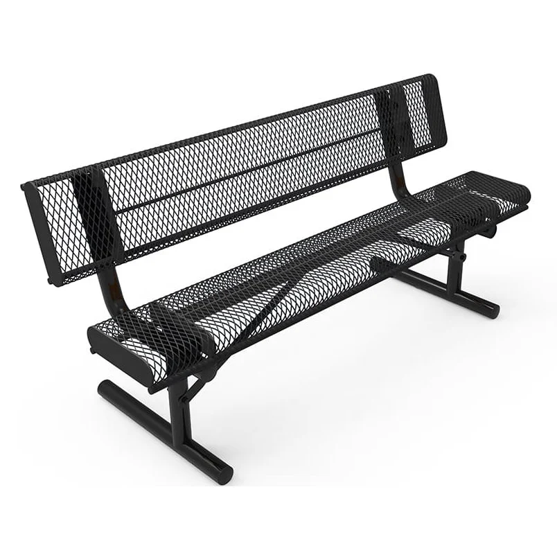 Black metal mesh bench with curved armrests and legs.