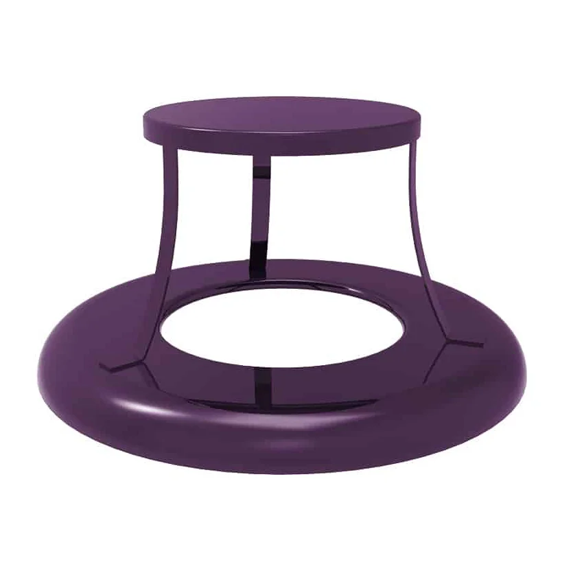 Purple round table with a circular base and thin legs.