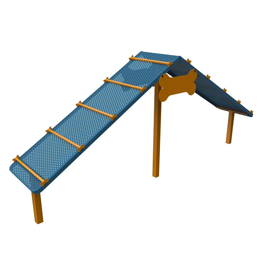 Playground slide with blue mesh surface and wooden support.