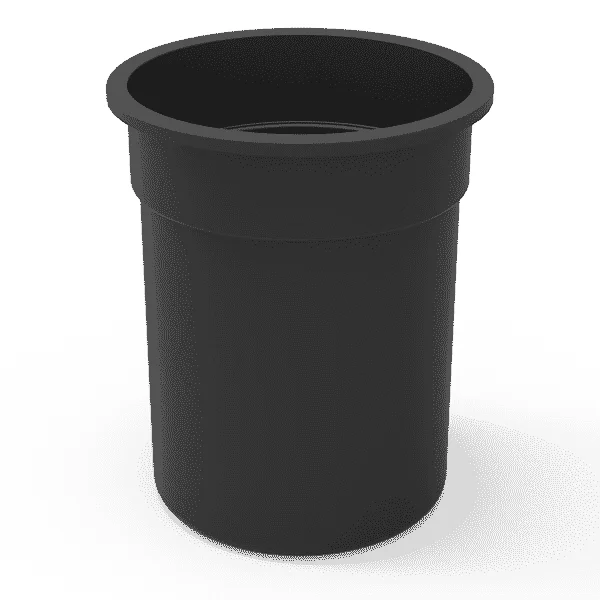Black cylindrical trash can.