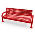 Red metal bench with perforated back and armrests.
