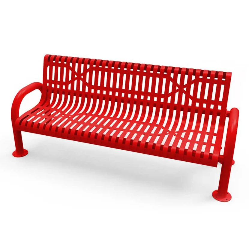 MCMD6SSSM-web-red Red metal bench with perforated back and armrests.