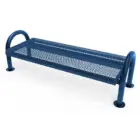 Blue metal bench with curved armrests and mesh back.