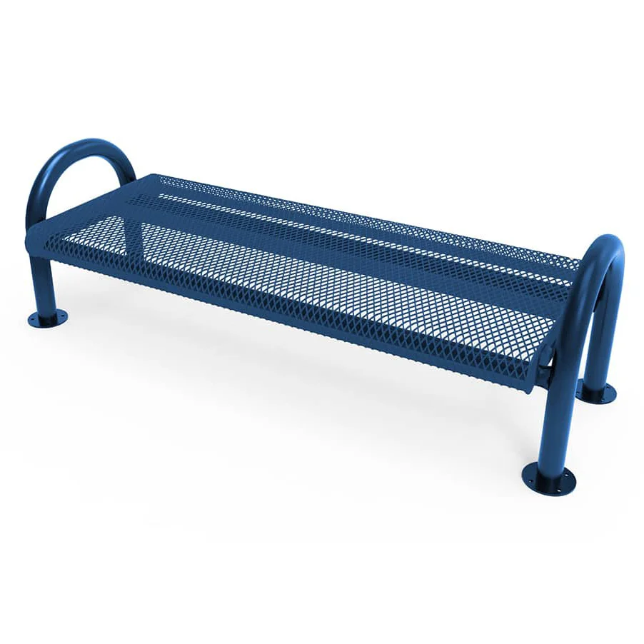 MCMDBB6EXPSM-ltblue-WEB Blue metal bench with curved armrests and mesh back.