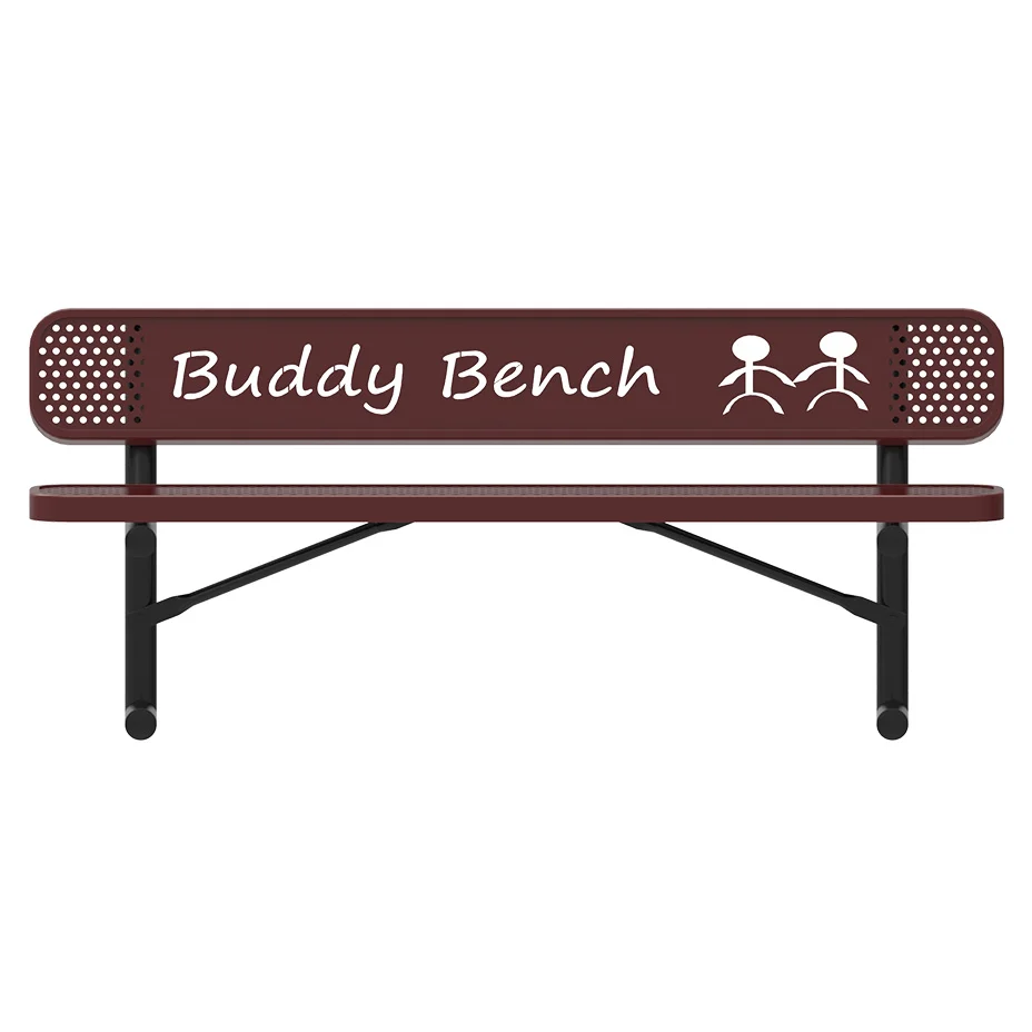 Buddy Bench with two stick figures on a brown bench.