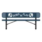 Blue bench with DOGS N PLAY and dog icons on backrest.