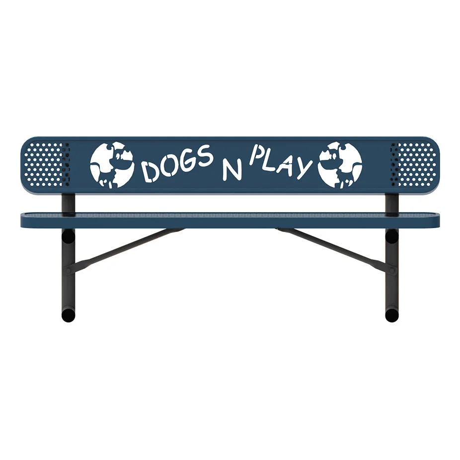 MCPB6DOGPBlackLegsweb Blue bench with DOGS N PLAY and dog icons on backrest.