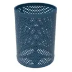 Blue perforated metal pencil holder.