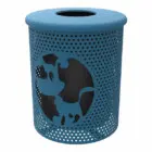 Blue perforated trash can with a black silhouette design.