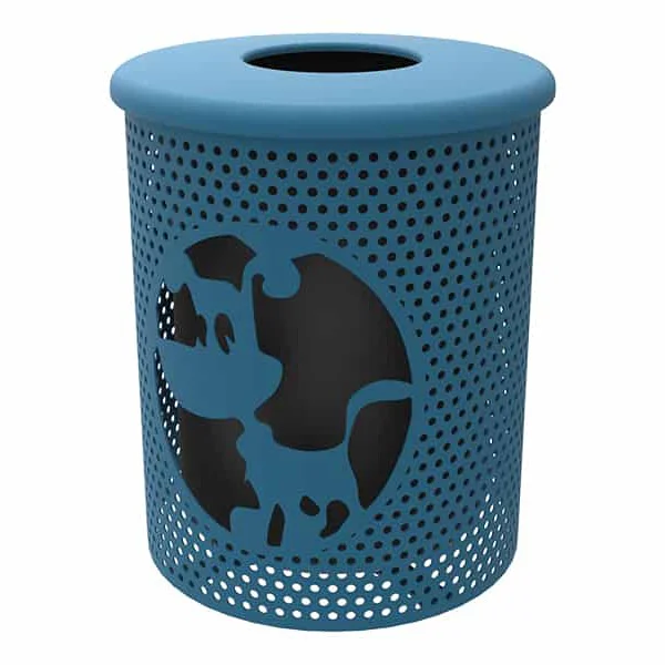 Blue perforated trash can with a black silhouette design.