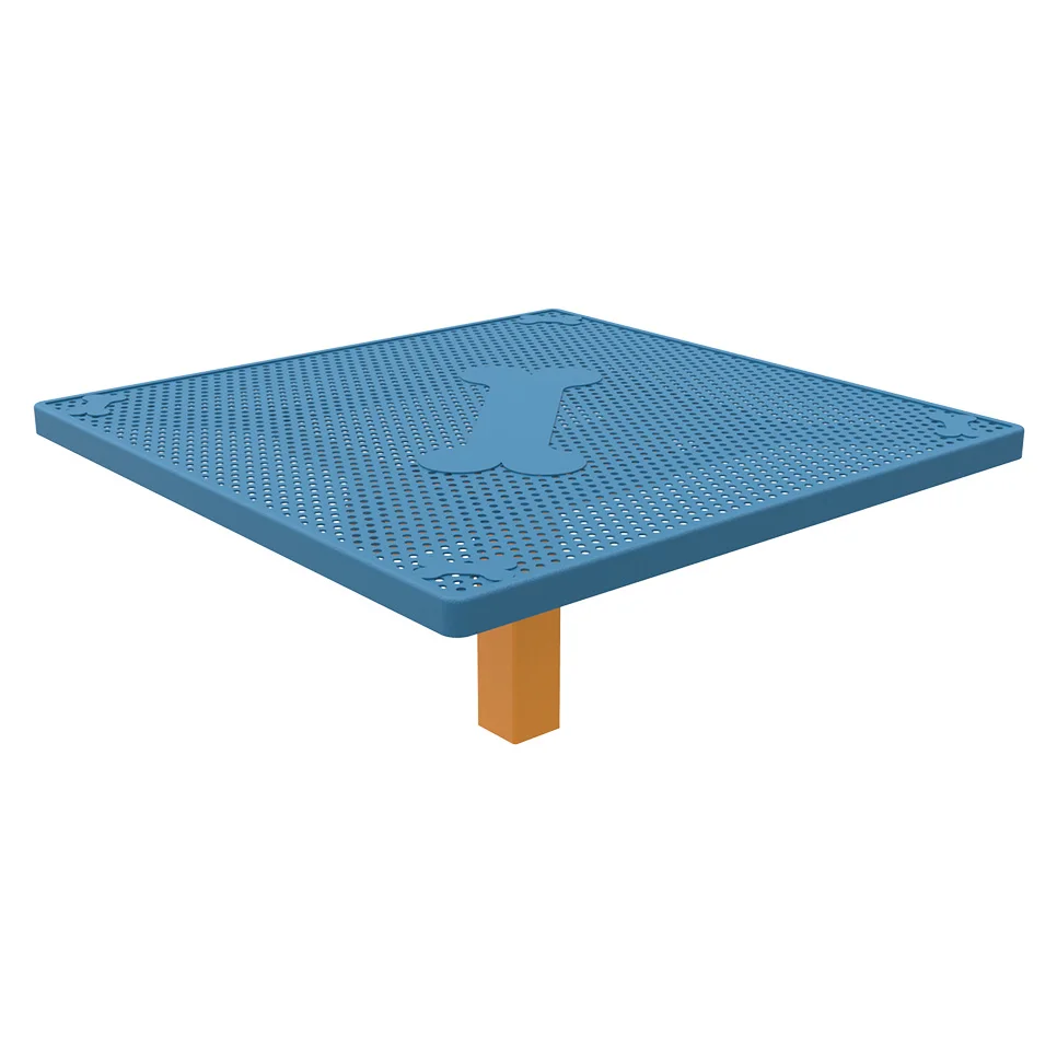 Blue perforated table top on wooden leg.