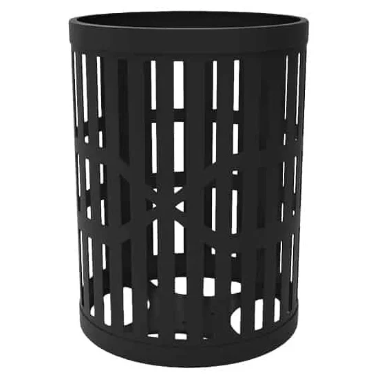 Black cylindrical trash can with perforated design.