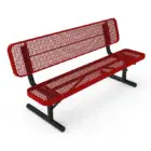 Red metal bench with mesh back and seat.