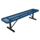 Blue perforated metal bench with black legs.