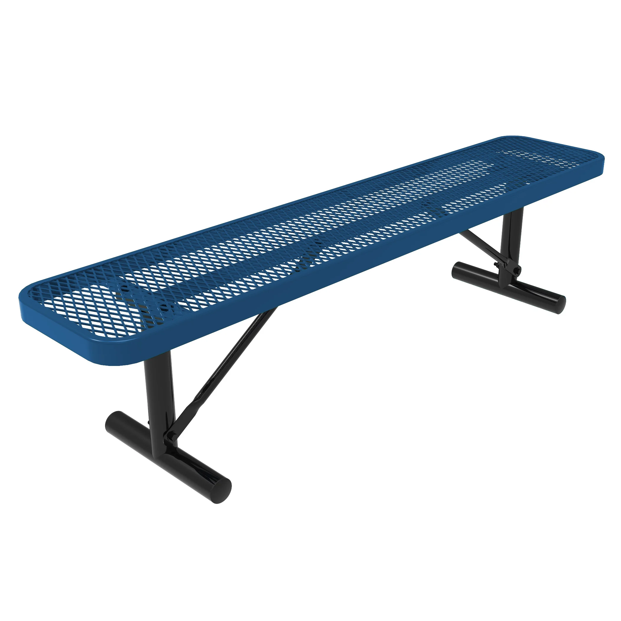 MCWBB6EXPP-allcolors-WEB-LTBLUE Blue perforated metal bench with black legs.
