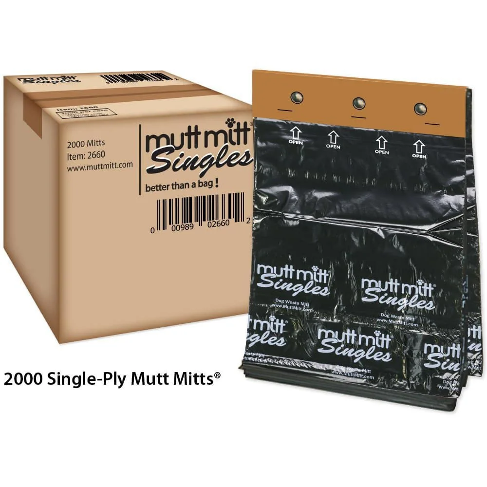 Mutt Mitt Singles dog waste bags in single-use packaging.