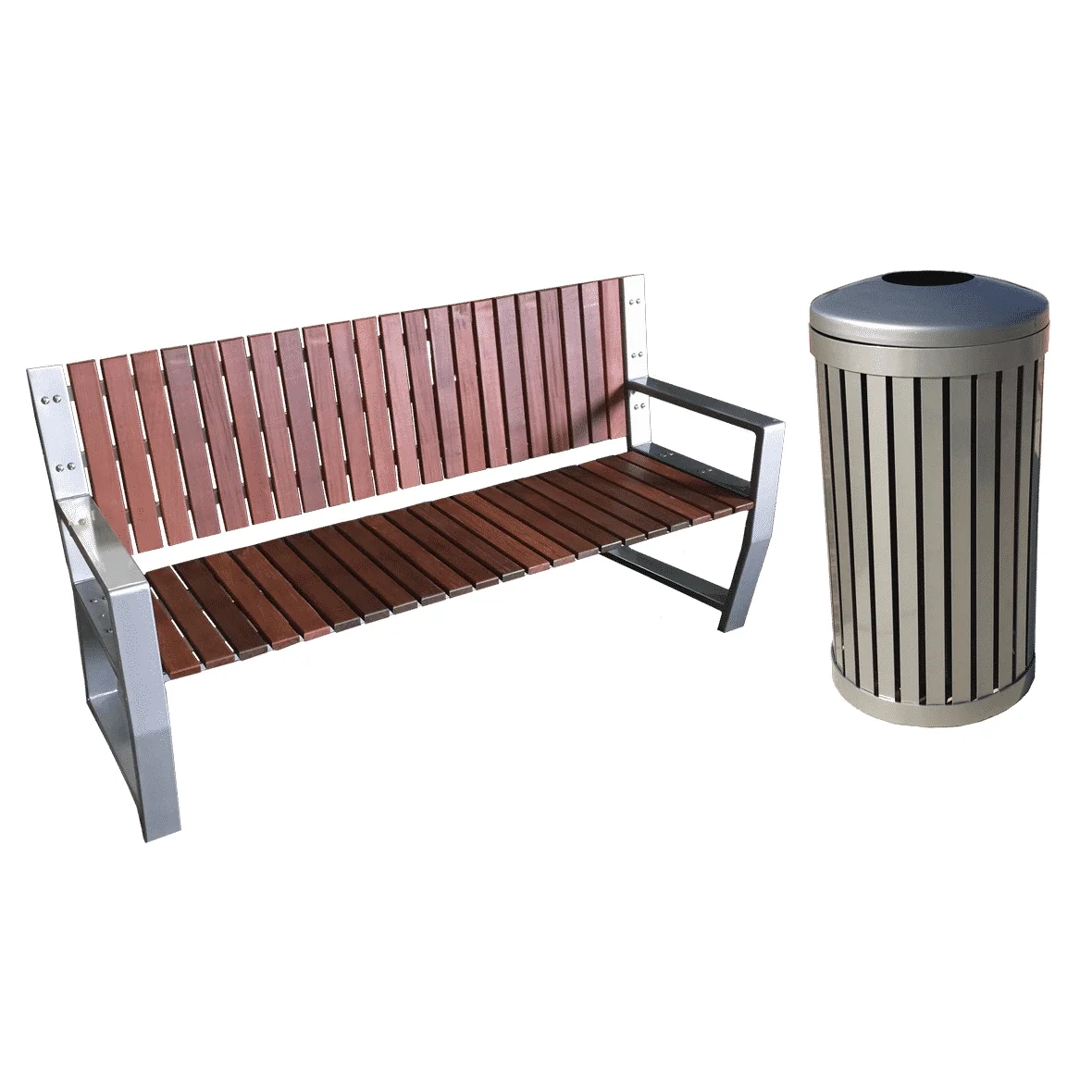 ModernSite Bench and trash can on white background.