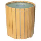 Round wooden trash can with a green lid.