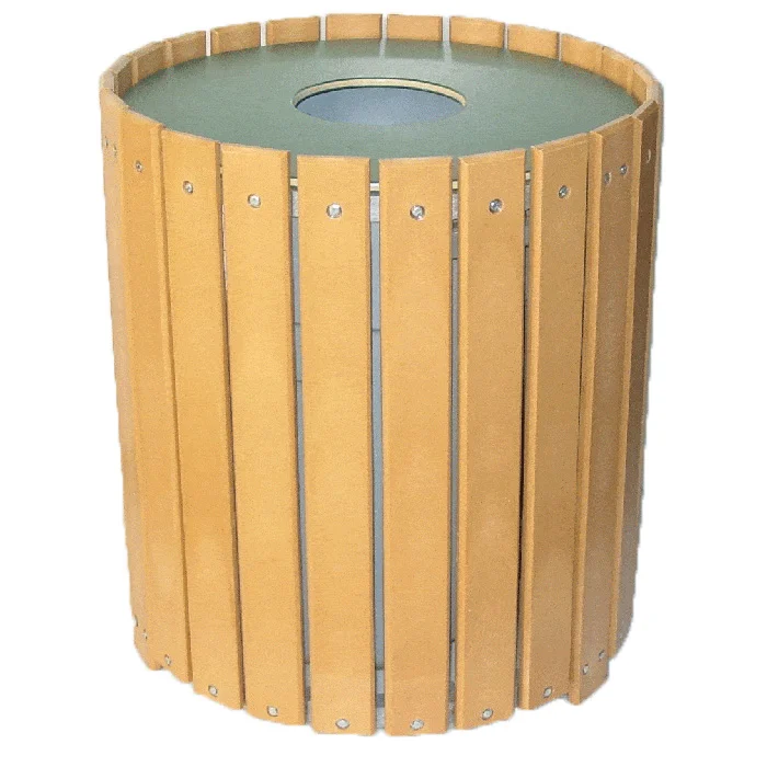 OLD-Standard-Round-Cedar-web Round wooden trash can with a green lid.
