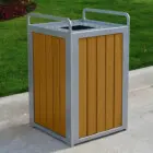 Outdoor trash can on sidewalk.