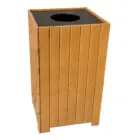 Wooden trash can with a black lid.