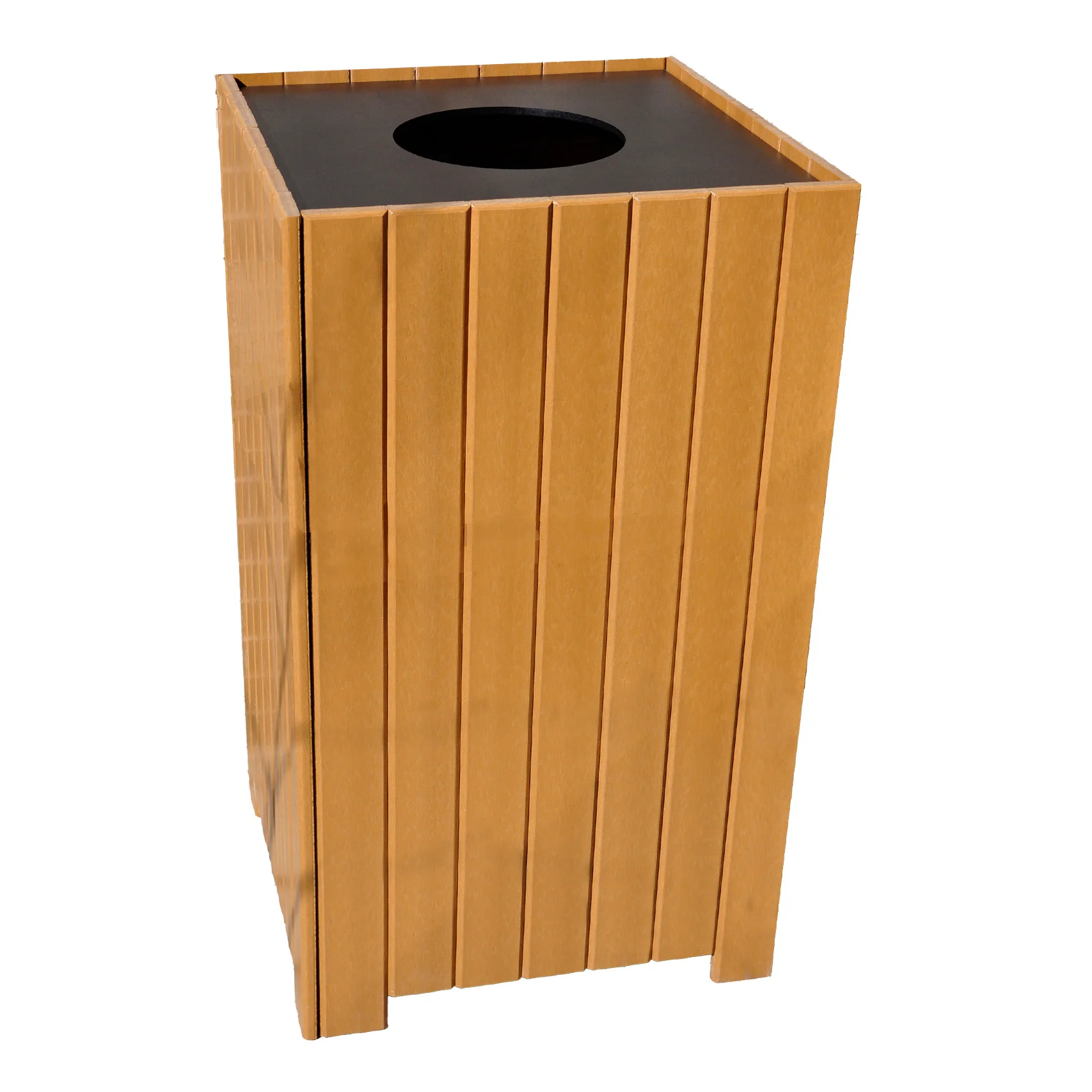 PB_32SCED-Front-scaled-1 Wooden trash can with a black lid.