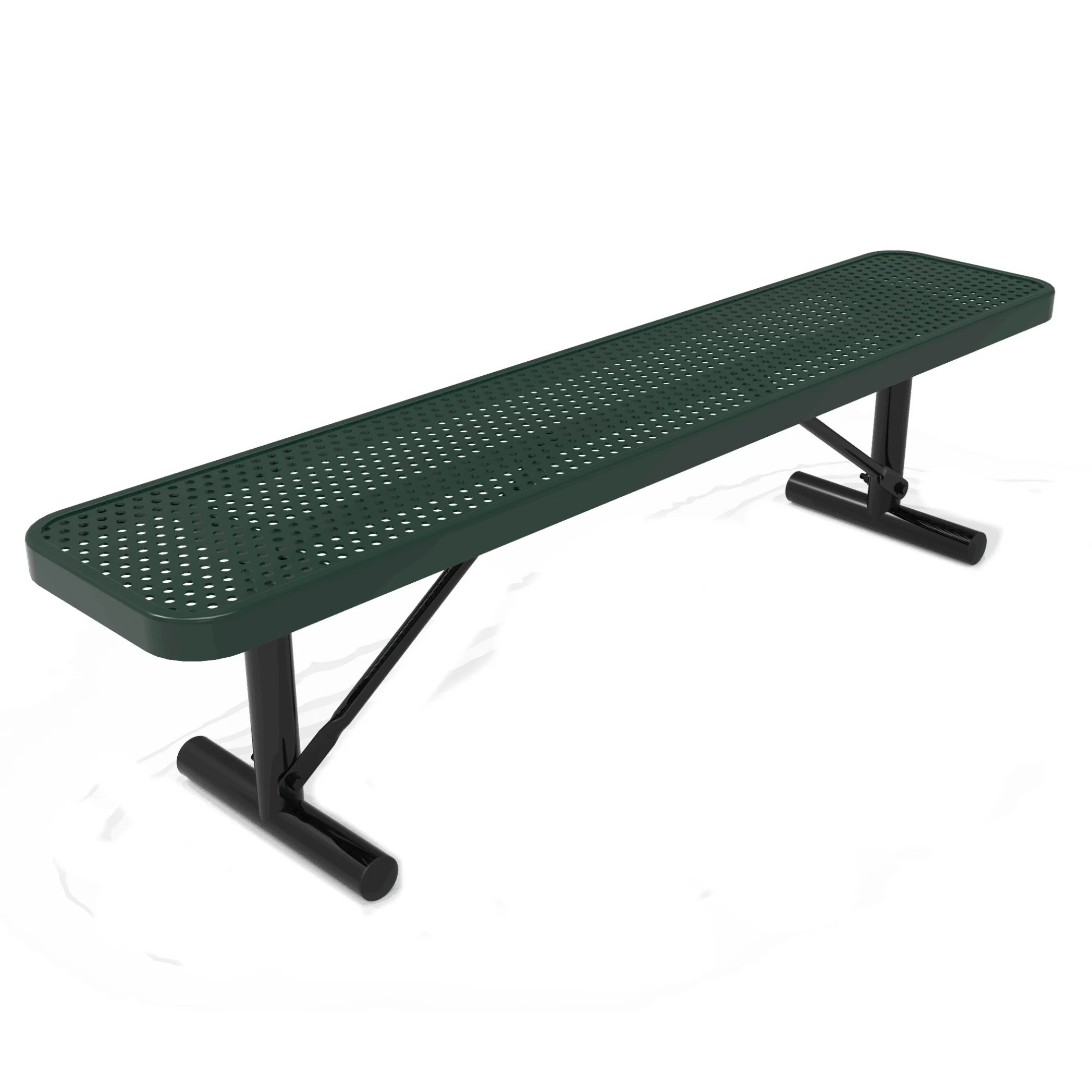 Green perforated metal bench on black legs.