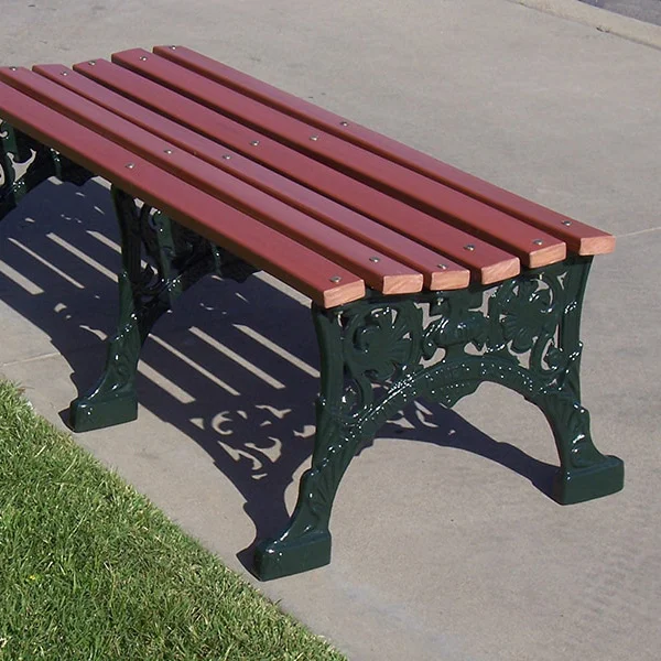 RBBS48RP-1-WEB Outdoor bench with red wooden slats and green metal legs.