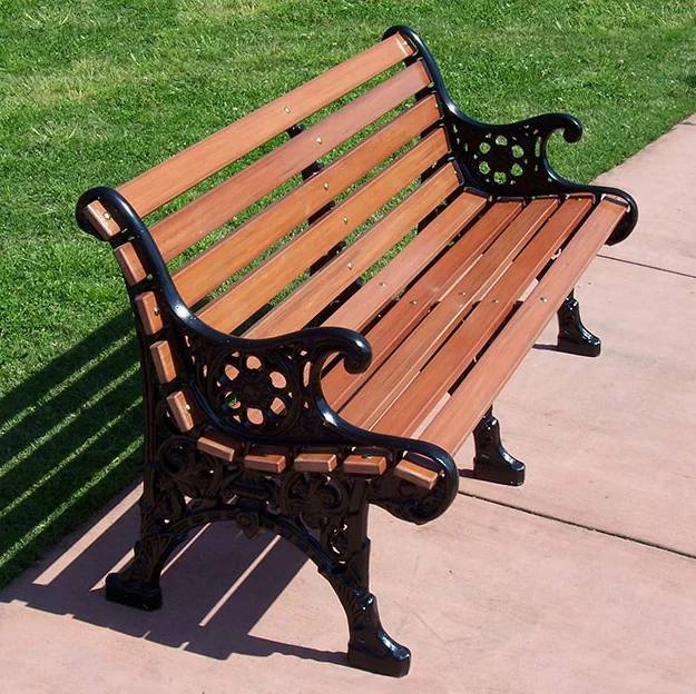 RBP60RP-1-WEB Wooden park bench with black metal armrests and legs.