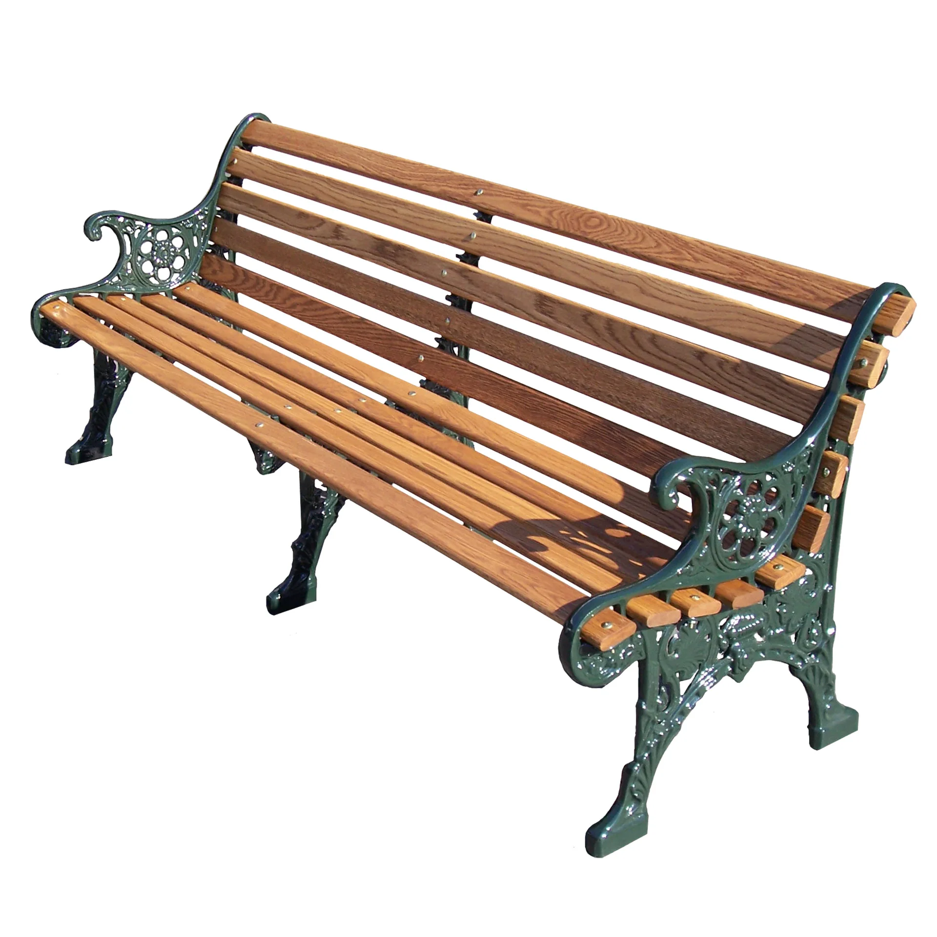 RBS-OAK-1-scaled-1 Wooden park bench with green metal armrests and legs.