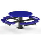 Round picnic table with blue seats and a black base.