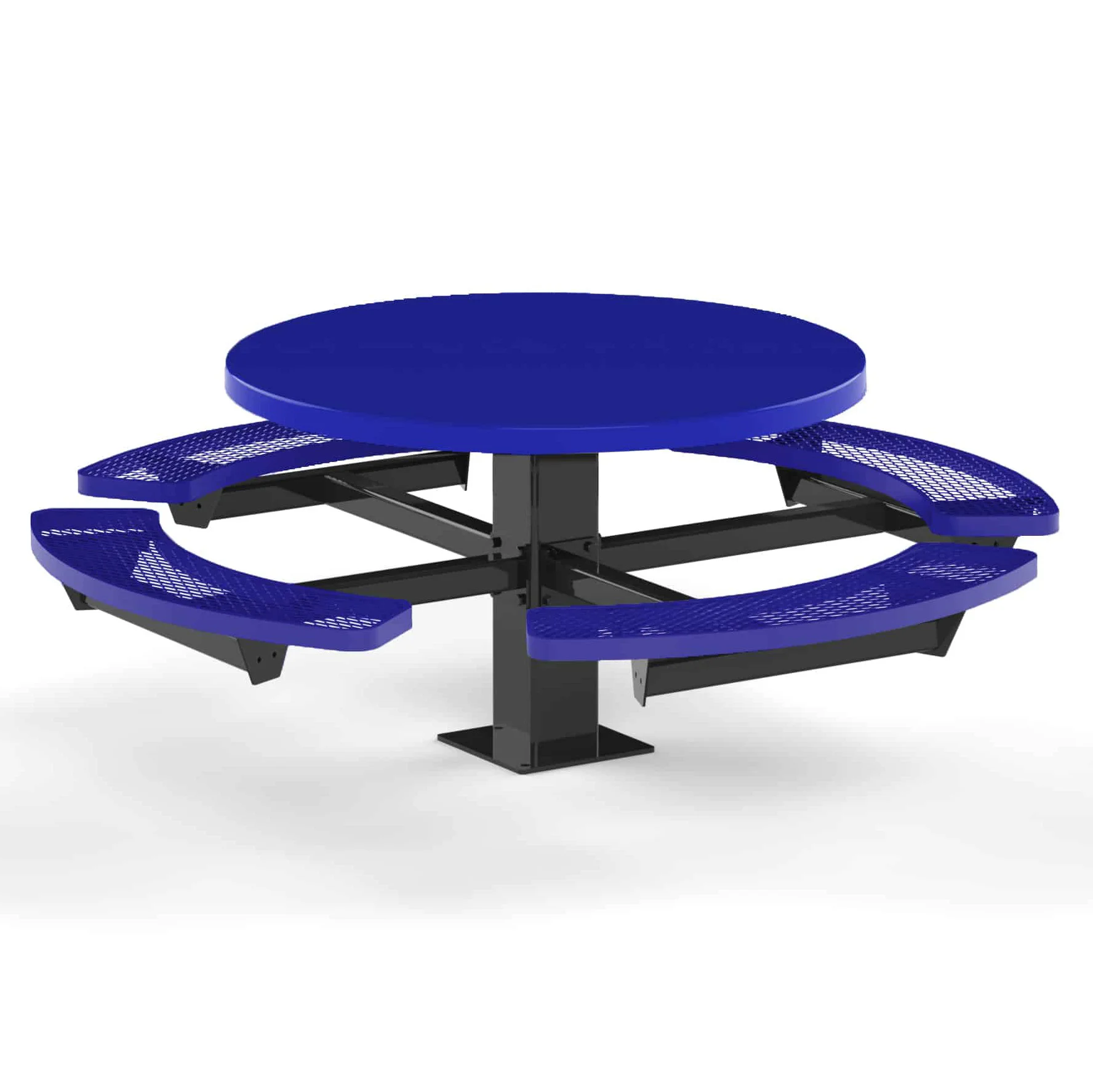 RSPTCFVPSSM-blue-f-blue-vp Round picnic table with blue seats and a black base.