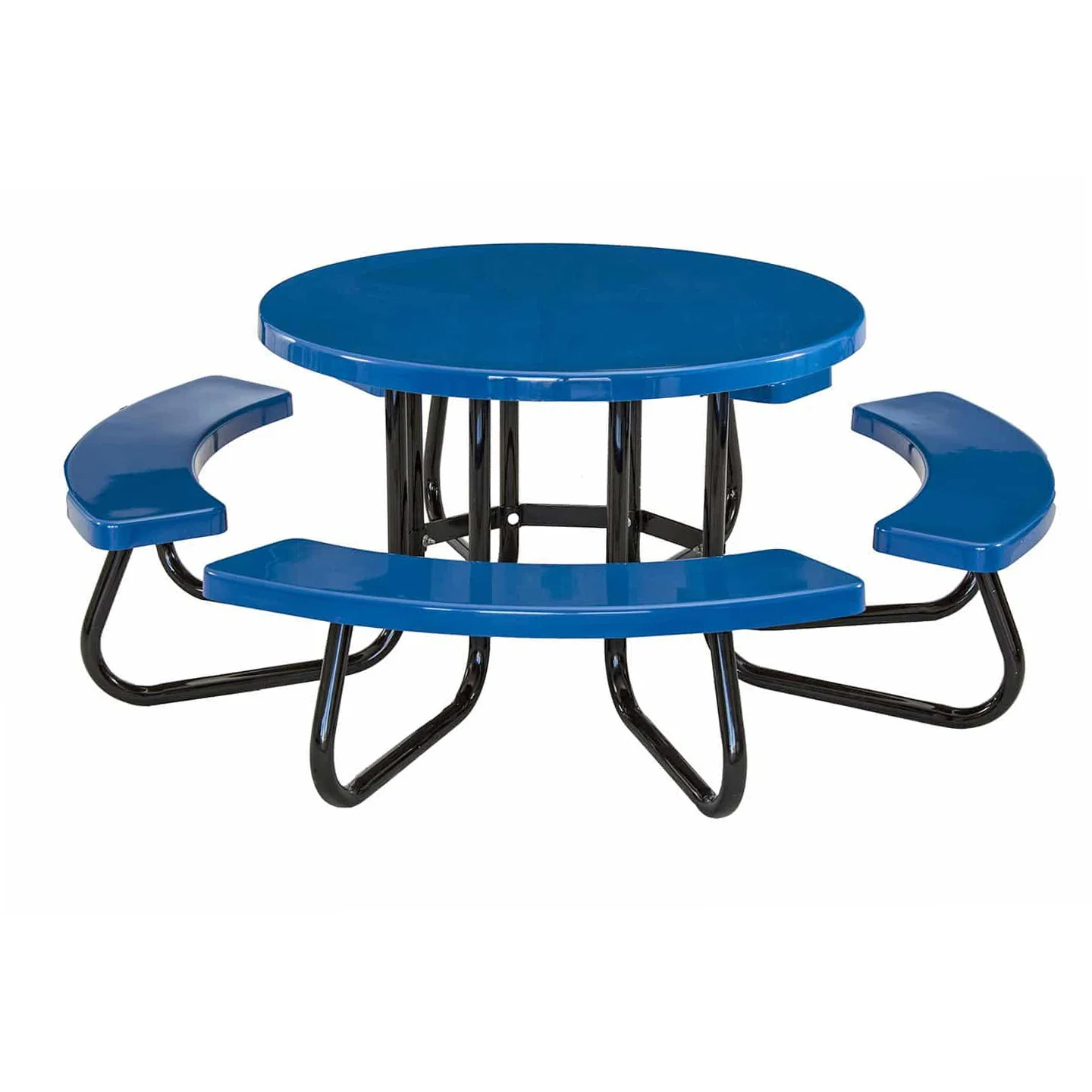 RTRCFr Round blue picnic table with black metal frame and curved bench seats.